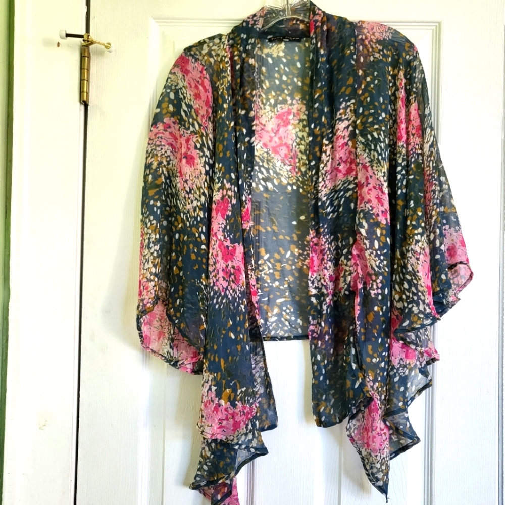Pure Sugar 100% Silk Gray Blue and Pink Kimono Wrap Sleeves Open Front S…